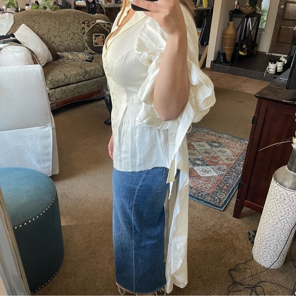 Aje | Silk Linen Puff Sleeve Train Backside Top In Cream Size: US 4 - Picture 3 of 11